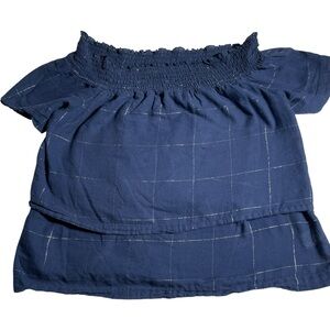 Unpublished NavyBlue Smocked Fall Off The Shoulder Tiered Metallic Gold Thread